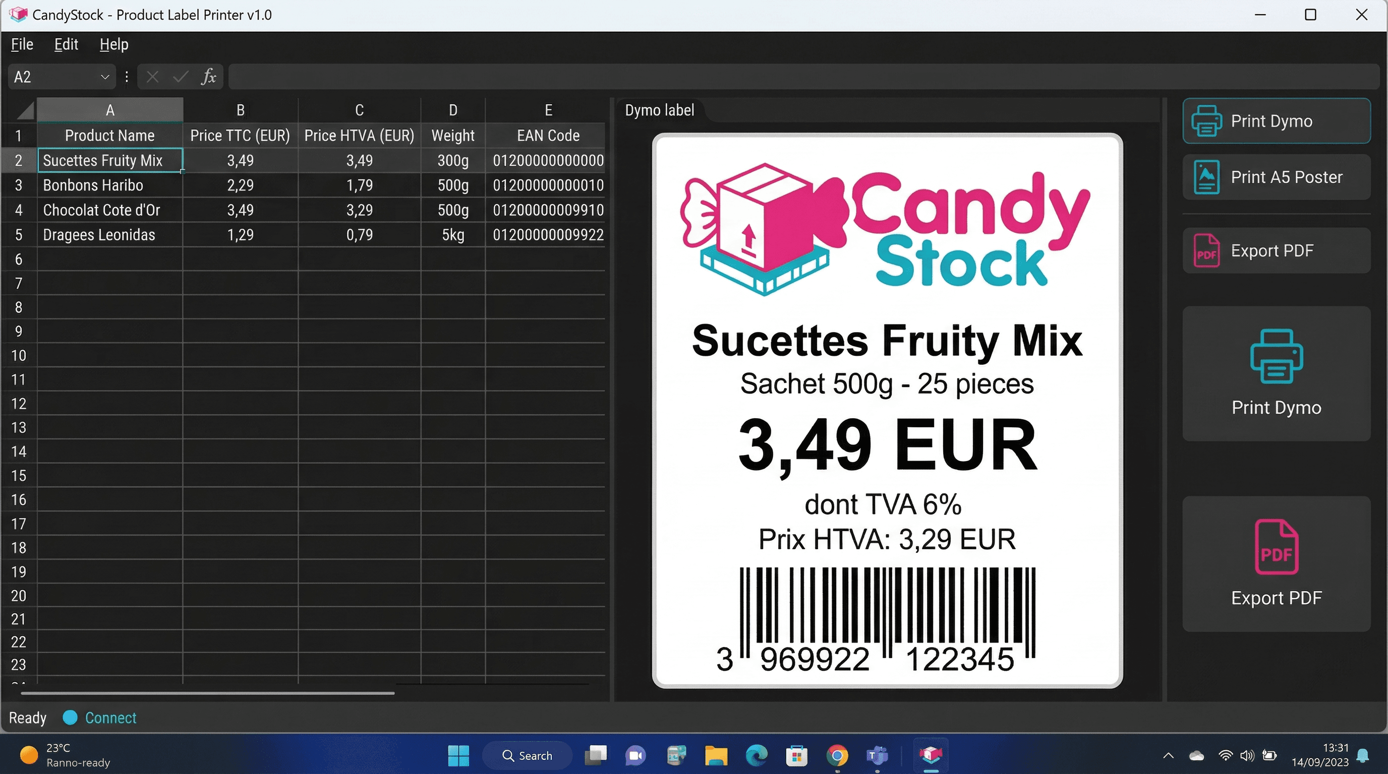 CandyStock — application desktop étiquettes prix Dymo avec import Excel et code-barres