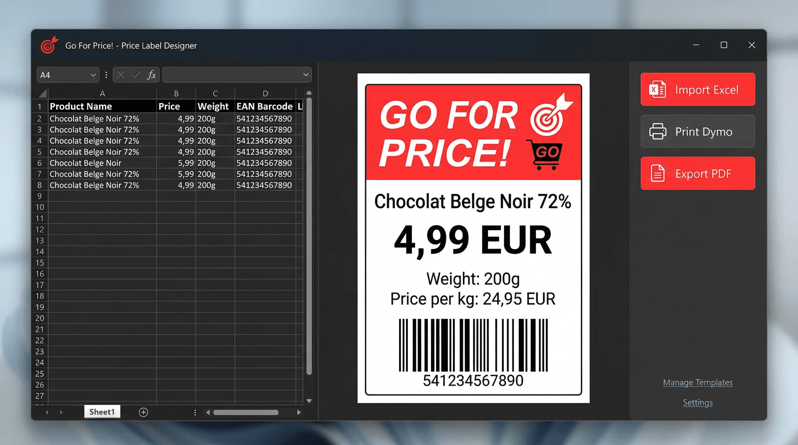 GoForPrice — application étiquettes prix A4 et Dymo PWA avec import Excel